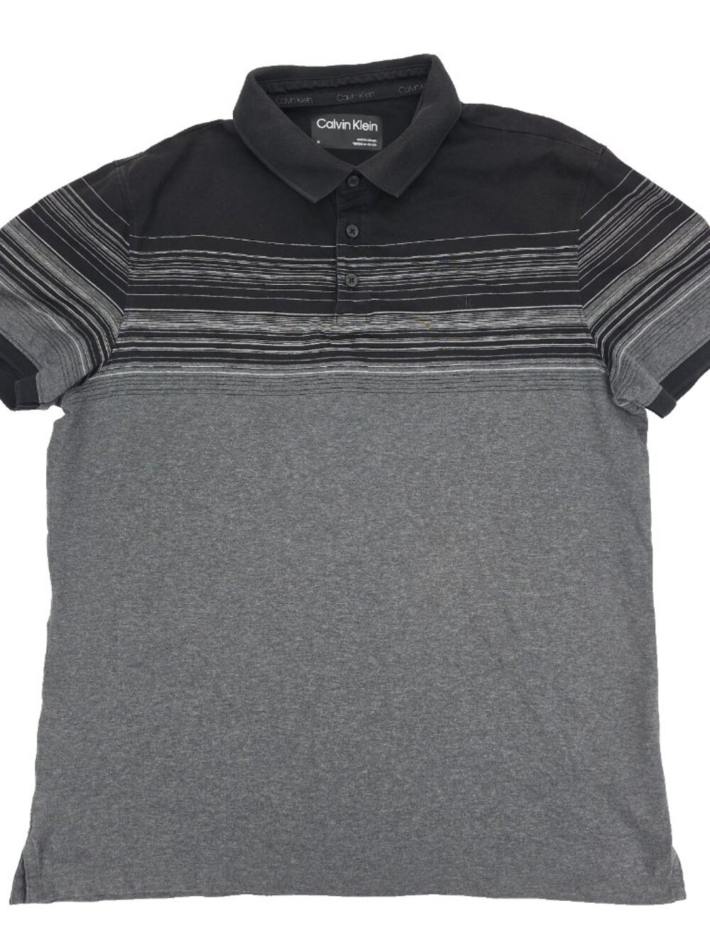 Calvin Klein Polo Shirt Mens Medium Gray Black 100% Cotton Striped Casual Preppy